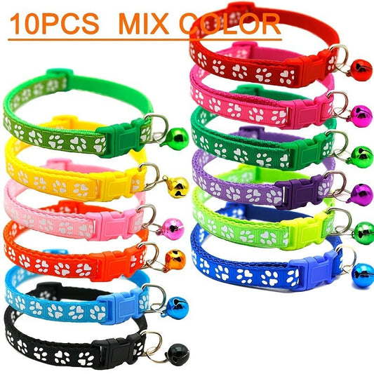 10pcs Pet Patch Collar with Bell - Vibrant Colors, Single Foot Print and Paw Print Design, Suitable for Dogs and Cats - Trendsetter Pets