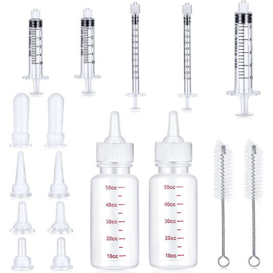17pcs Pet Nursing Bottle Kit - 2 Bottles, 8 Pacifiers, 5 Syringes, 2 Brushes - Ideal For Feeding Puppies And Other Small Animals - Easy To Clean And Reuse - Trendsetter Pets