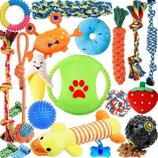 18pcs Dog Toy, Puppy Chew Toys For Fun And Teeth Cleaning, Dog Squeak Toys, IQ Treat Ball, Tug Of War Toys - Trendsetter Pets