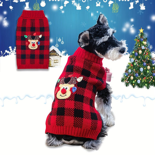1pc Christmas Dog Sweater Reindeer Graphic Puppy Dog Clothed Red Buffalo Check With Leash Hole Doggie Sweater Pet Clothes - Trendsetter Pets